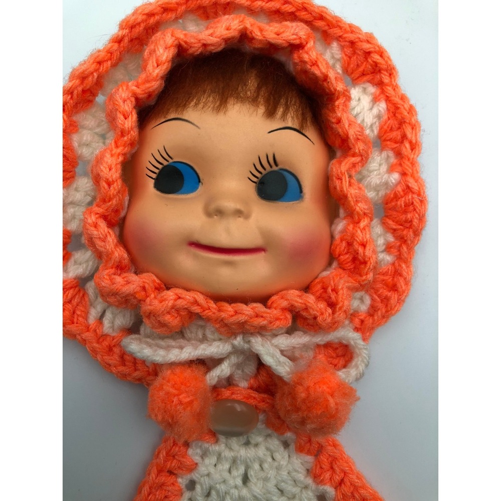 Vintage 60s Crochet Doll Face Potholder Towel Topper Kitschy Orange White MCM